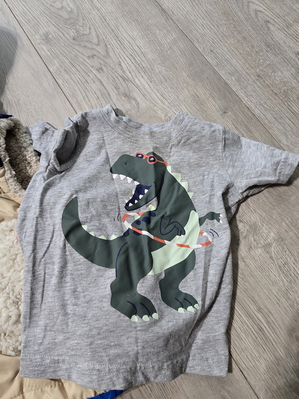 Grey Kids T‑Shirt with Playful Green Dinosaur Graphic